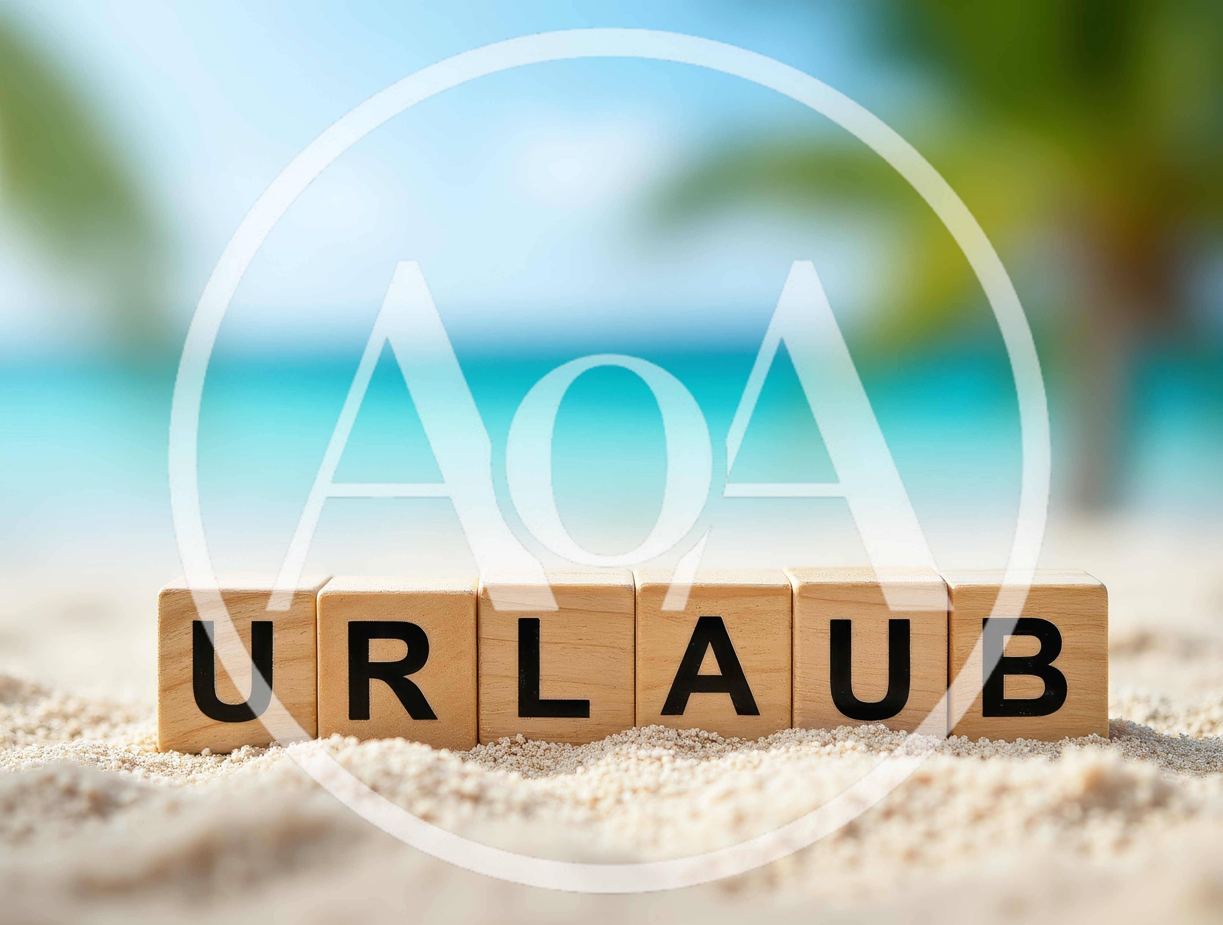 Wooden Blocks Spelling Urlaub on Tropical Beach Sand