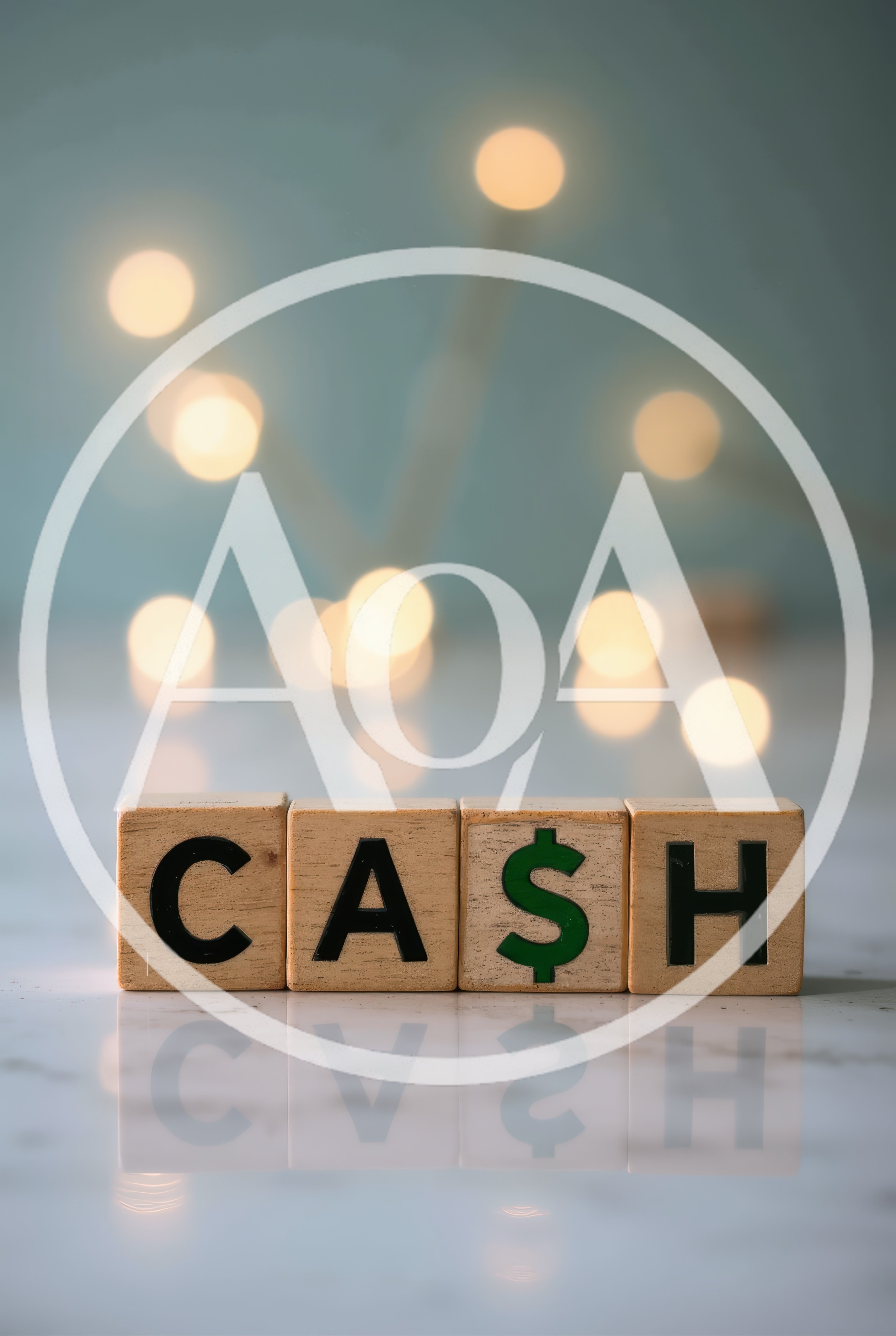 Wooden Blocks Spelling Cash on Reflective Surface