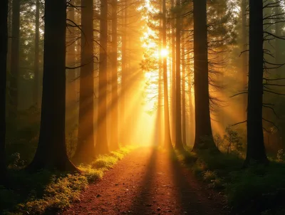 Golden Sunlight Streaming Through A Misty Forest Path