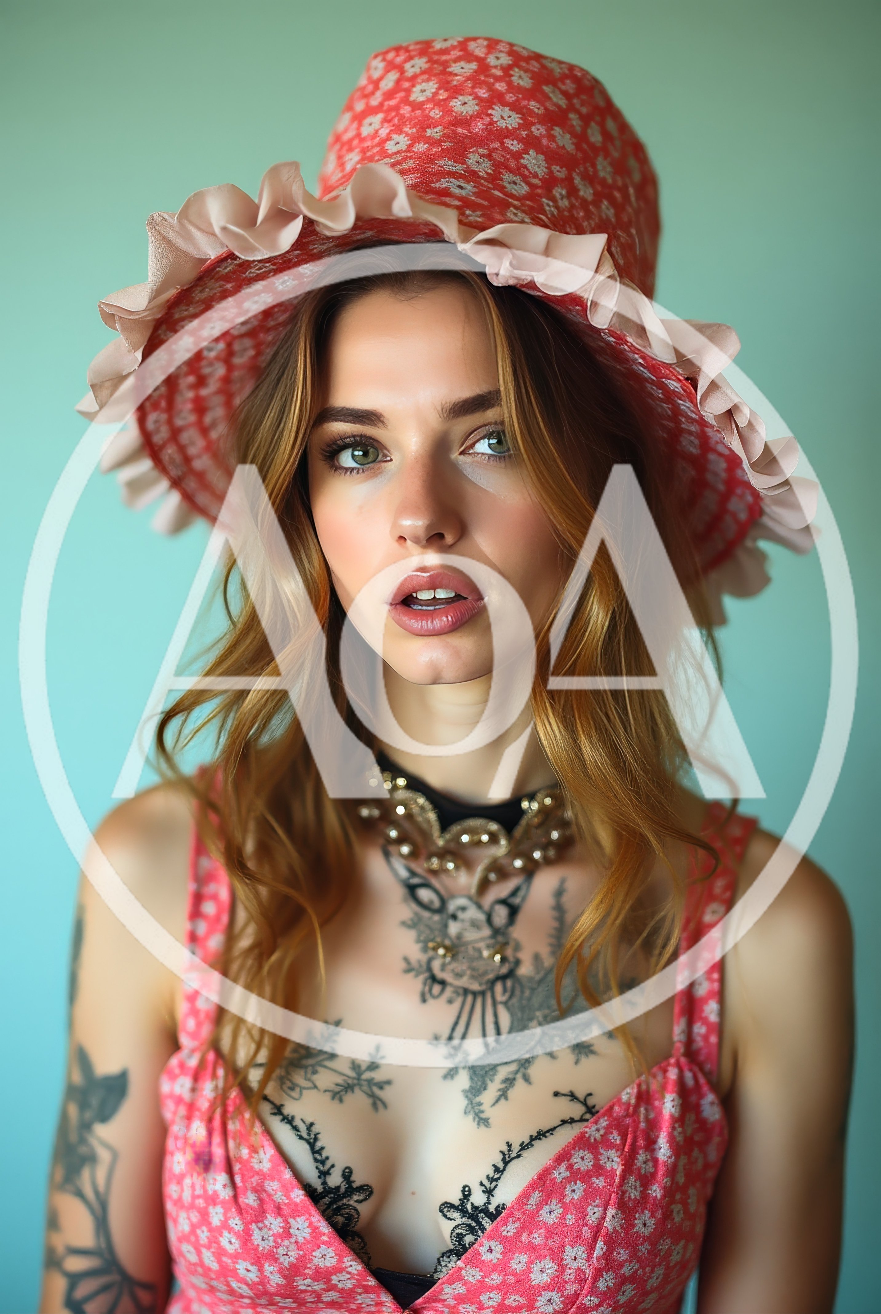 Portrait Of A Young Woman With Tattoos And Floral Hat