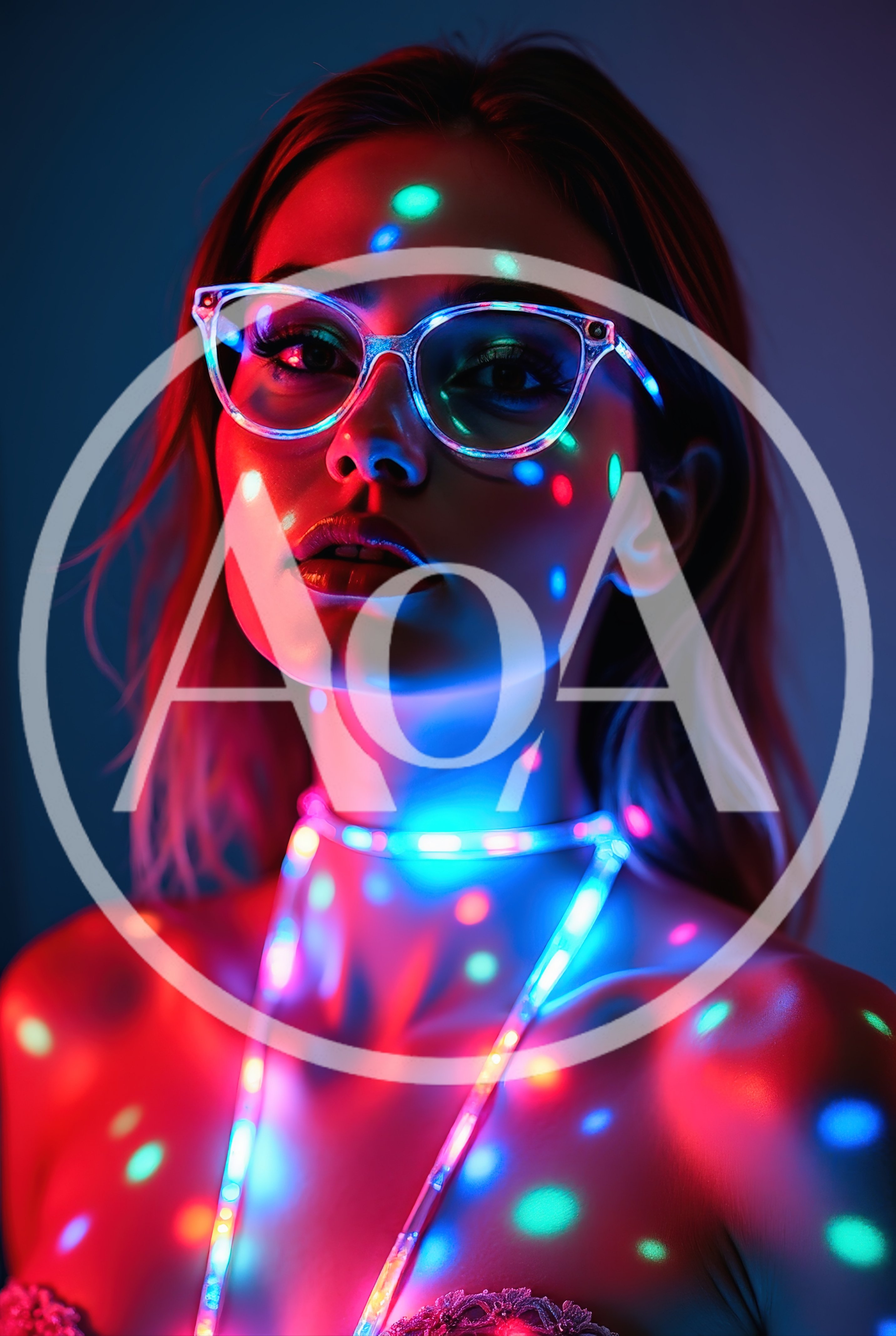 Portrait Of A Woman Wearing Glowing LED Glasses
