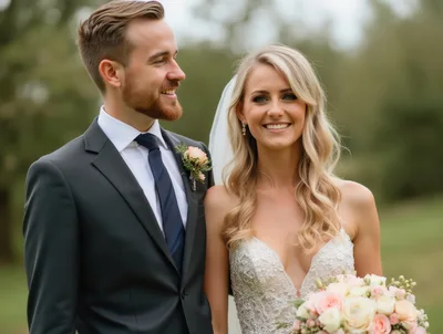 Happy Newlywed Couple Posing Together Outdoors