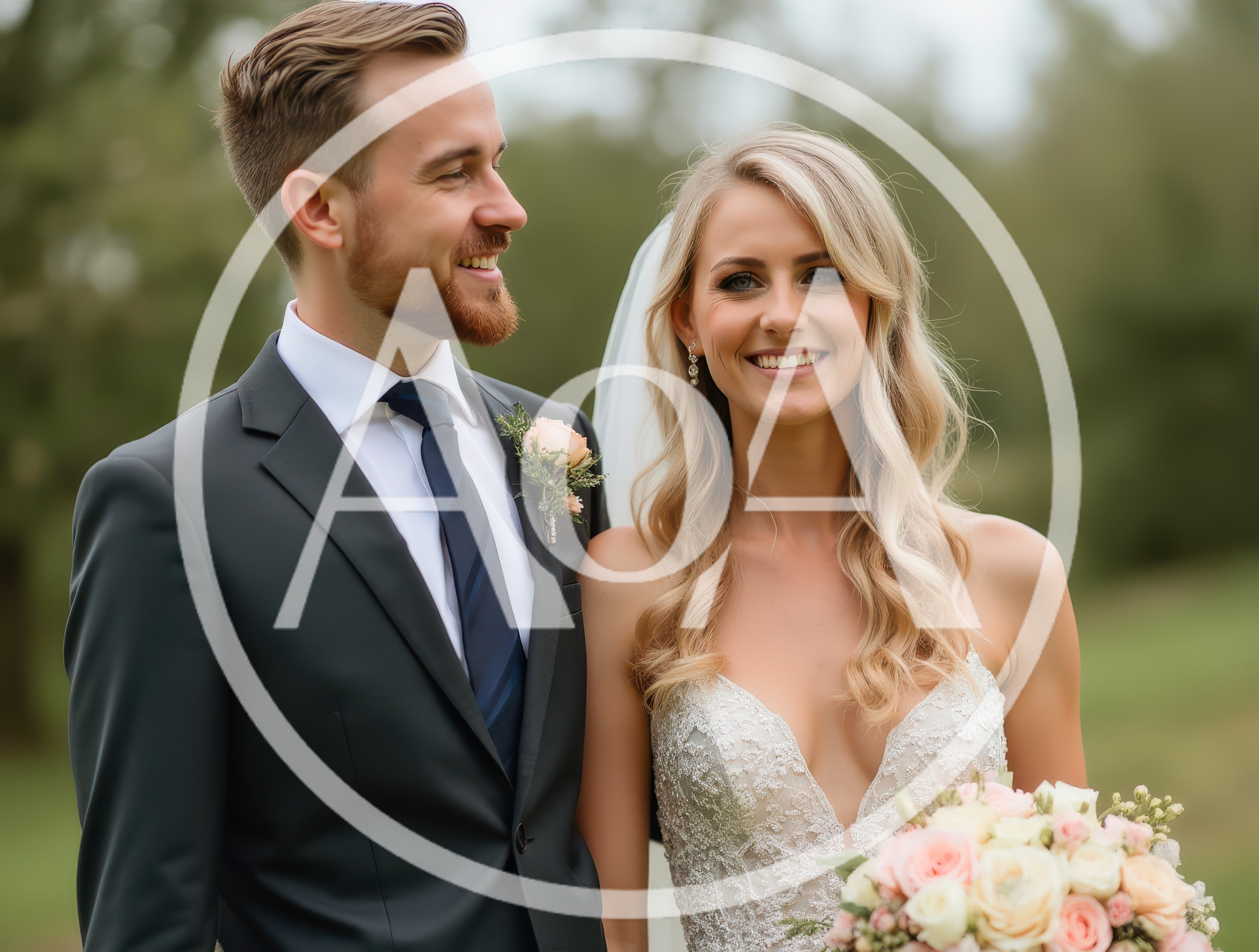 Happy Newlywed Couple Posing Together Outdoors