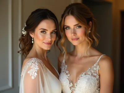 Two Beautiful Brides Posing Together In Wedding Dresses