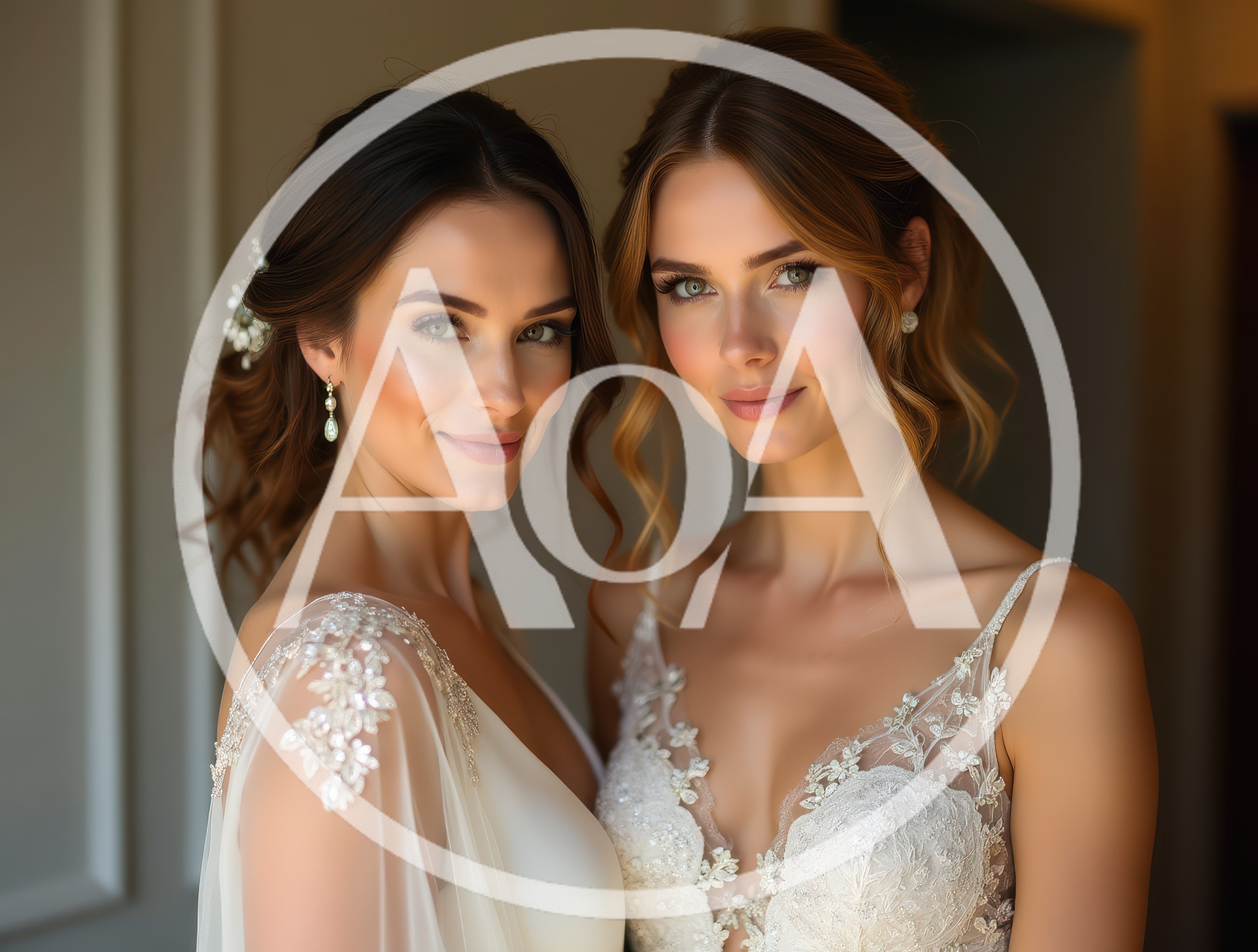 Two Beautiful Brides Posing Together In Wedding Dresses