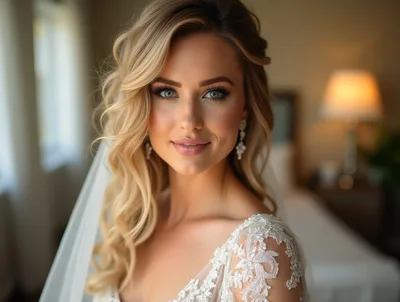 Beautiful Blonde Bride Portrait In Wedding Dress