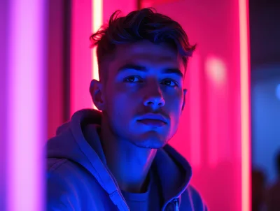 Young Man Posing In Vibrant Neon Lighting