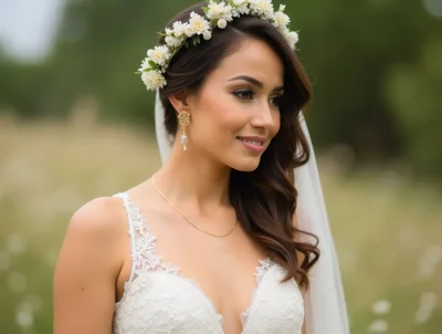 Beautiful Bride Wearing Floral Crown In Outdoor Setting