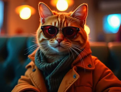 Stylish Ginger Cat Wearing Sunglasses And Winter Jacket