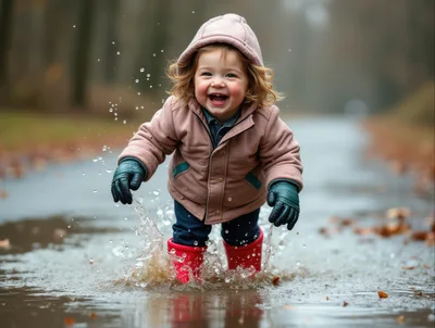 Happy Toddler Playing In A Puddle