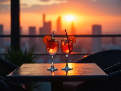 Two Cocktails on a Rooftop Terrace at Sunset