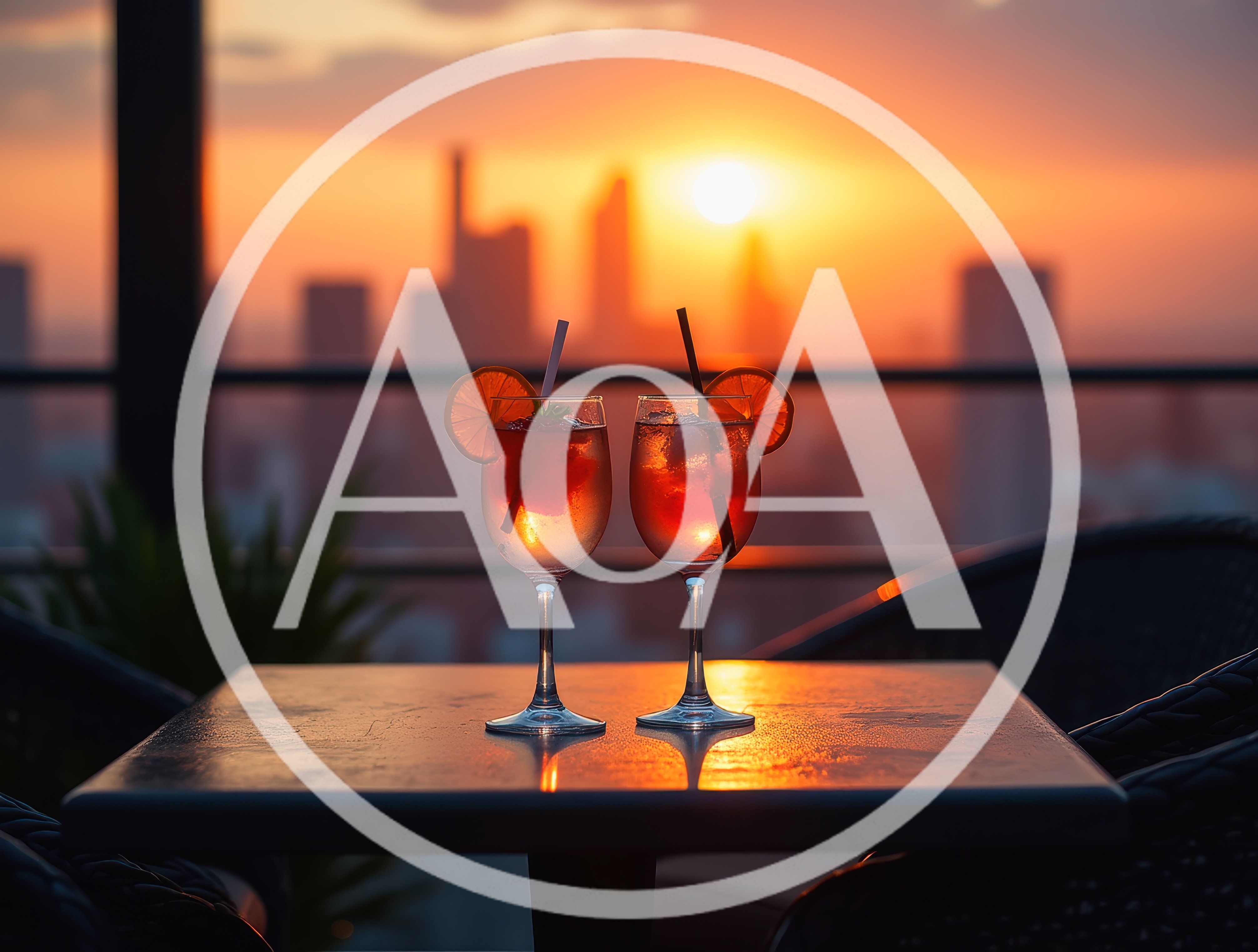 Two Cocktails on a Rooftop Terrace at Sunset