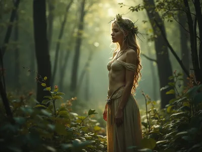 Ethereal Forest Nymph Standing In Sunlit Woodland