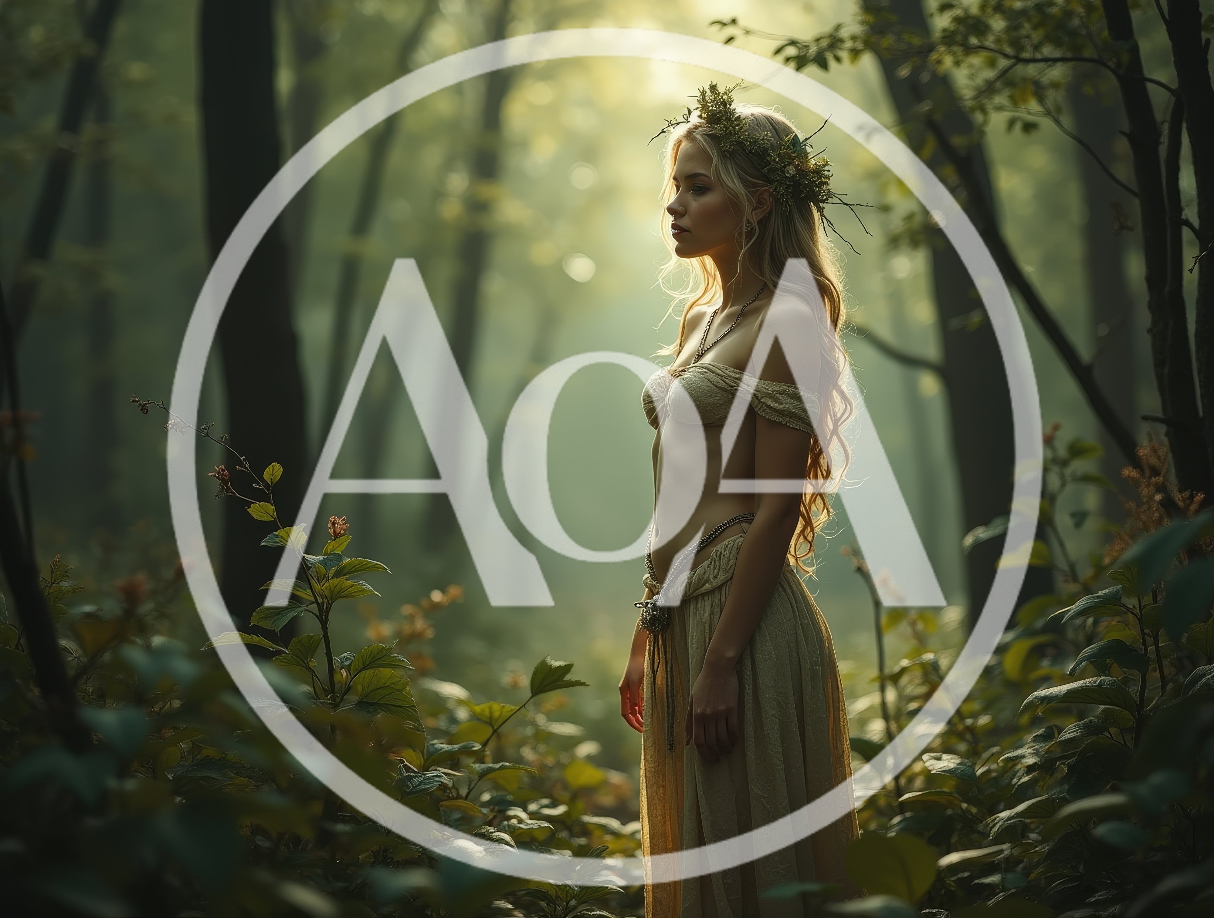 Ethereal Forest Nymph Standing In Sunlit Woodland