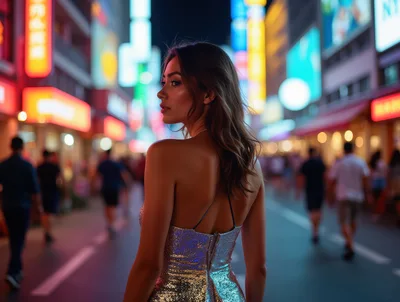 Elegant Woman In Glittering Dress Walking Through Neon City