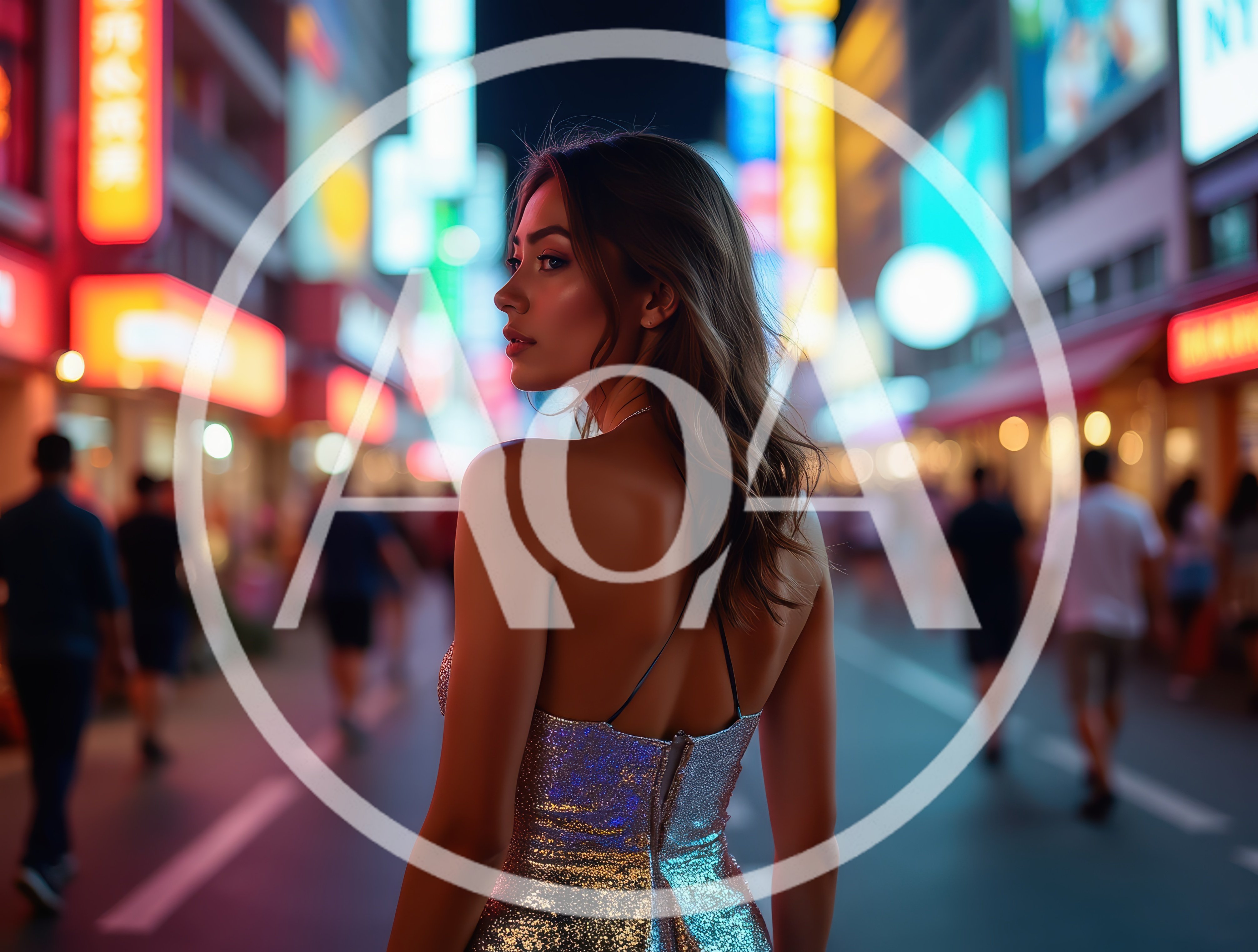 Elegant Woman In Glittering Dress Walking Through Neon City