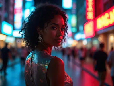 Young Woman With Curly Hair Looking Back In Neon City