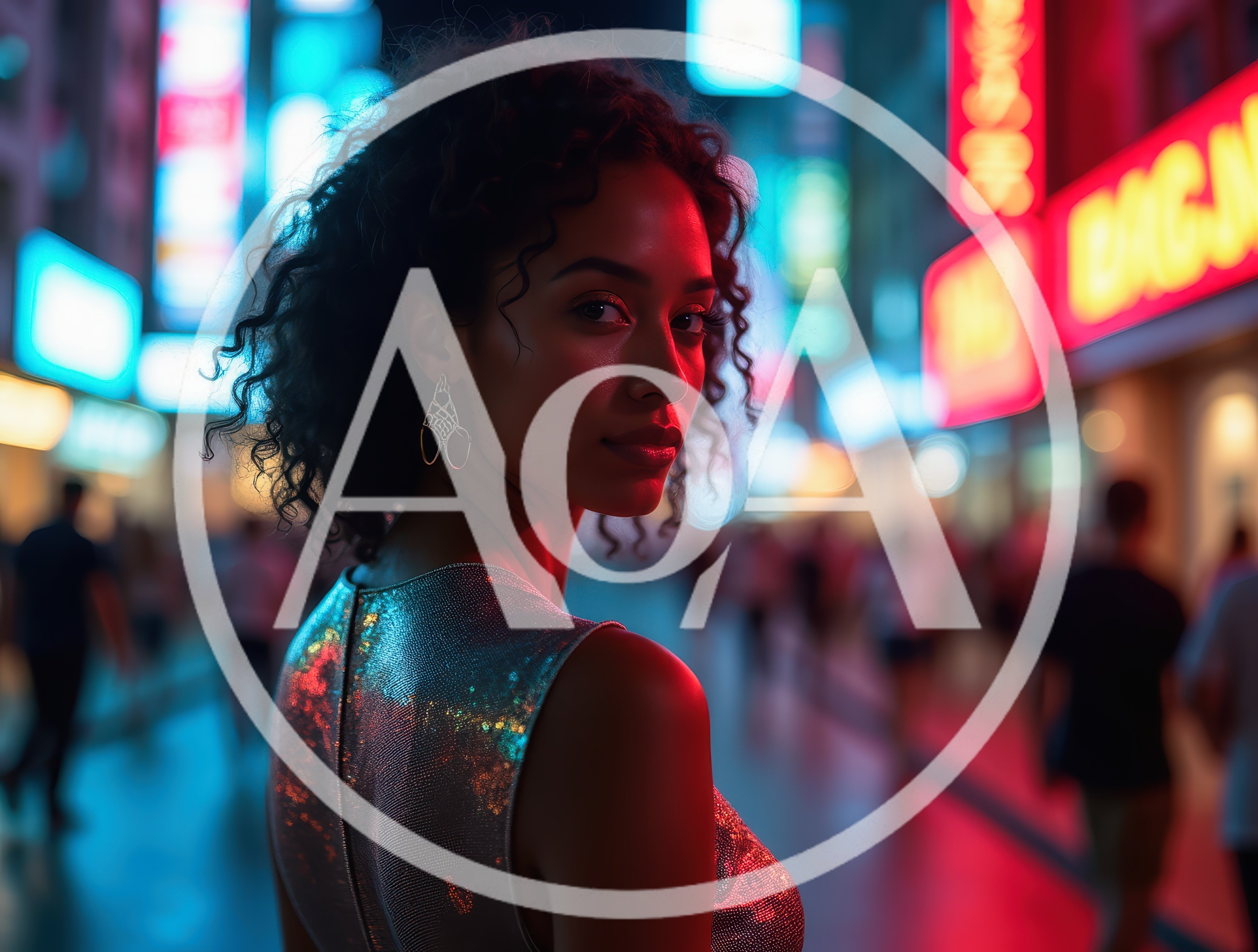 Young Woman With Curly Hair Looking Back In Neon City