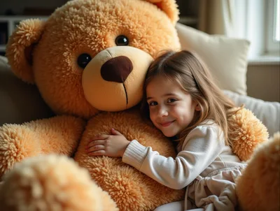 Little Girl Hugging a Giant Teddy Bear