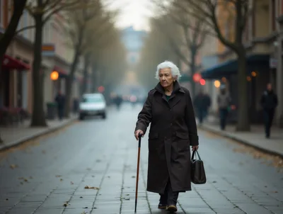 Elderly Woman Walking Down A City Street With A Cane