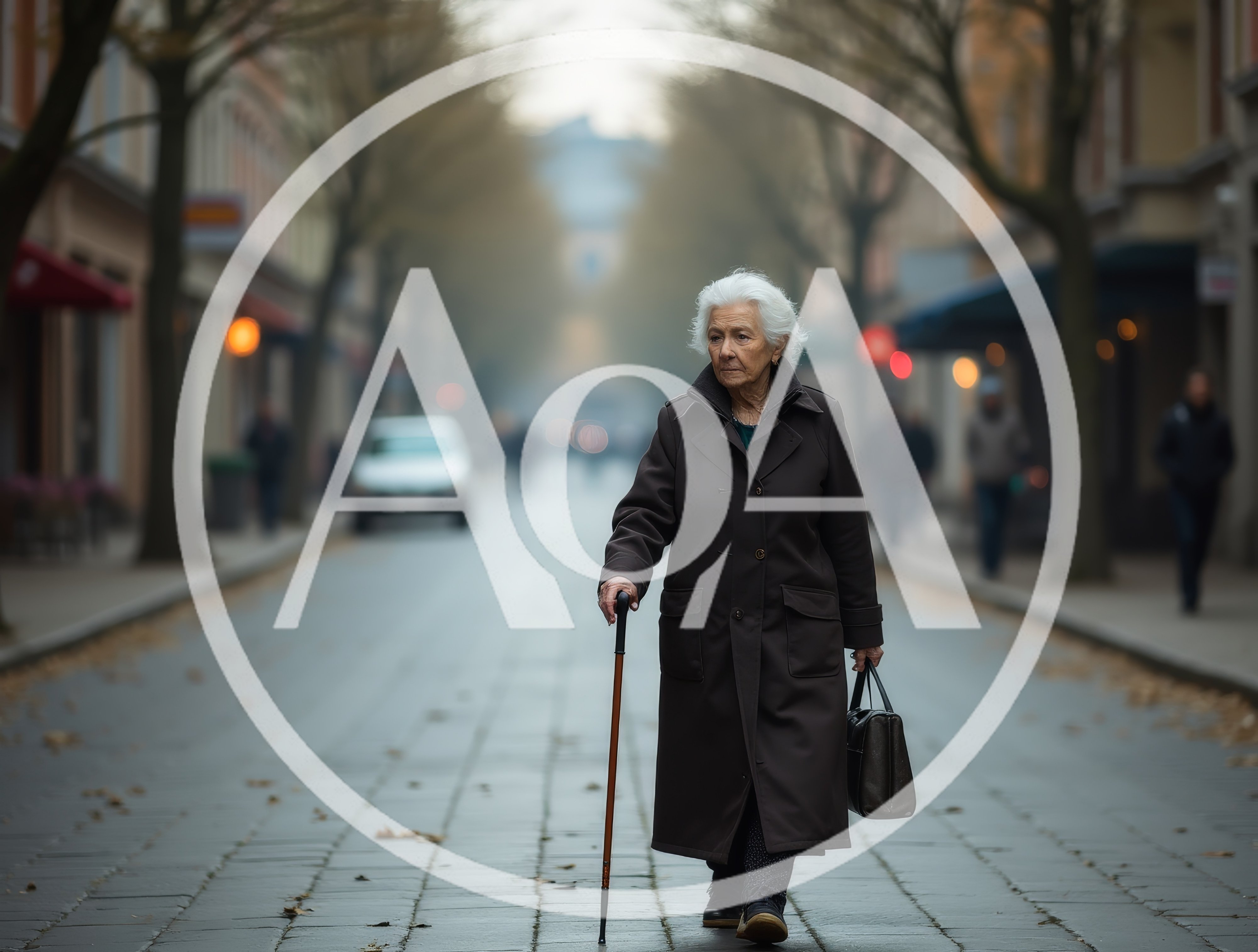 Elderly Woman Walking Down A City Street With A Cane