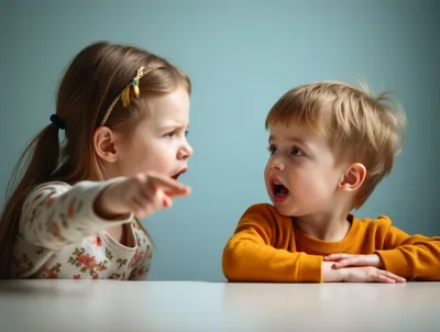 Young Girl Scolding A Little Boy At A Table