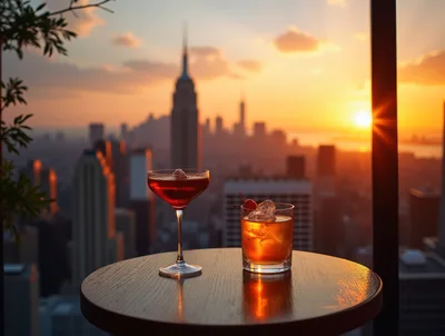 Two Cocktails On A Rooftop Terrace At Sunset
