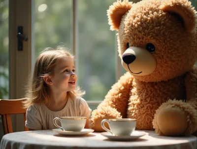 Little Girl Having Tea Party With Teddy Bear