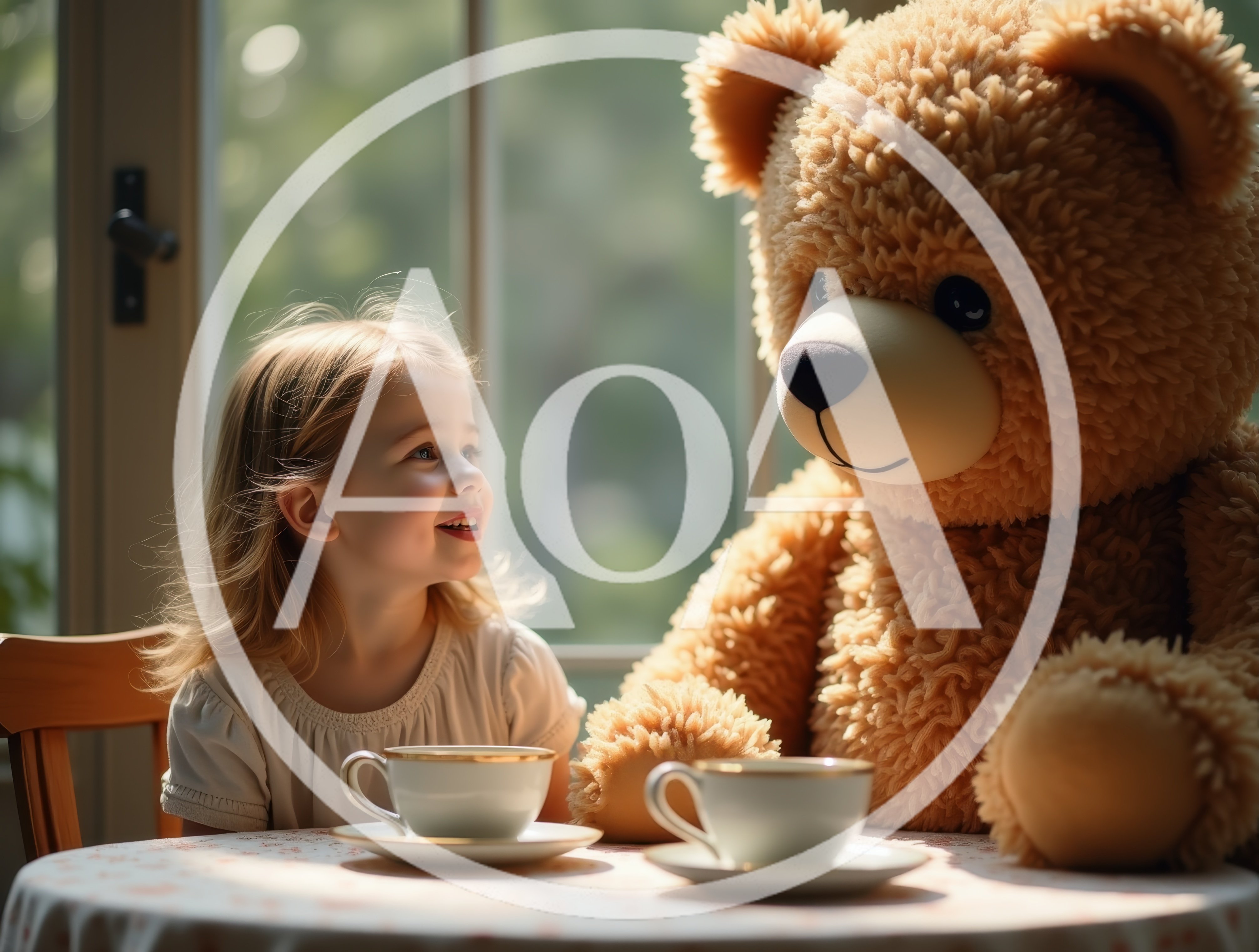 Little Girl Having Tea Party With Teddy Bear