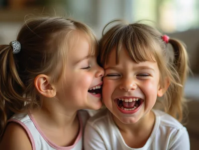 Two Young Girls Laughing Together Indoors