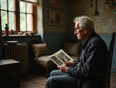 Elderly Man Looking At Old Photographs In A Living Room