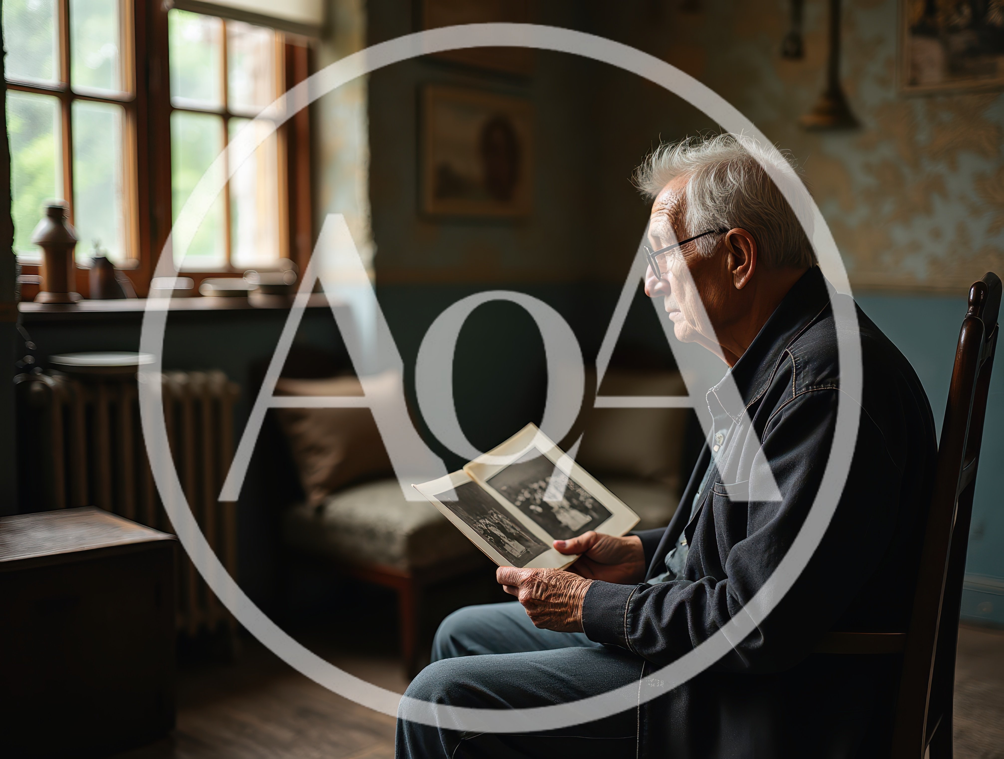 Elderly Man Looking At Old Photographs In A Living Room
