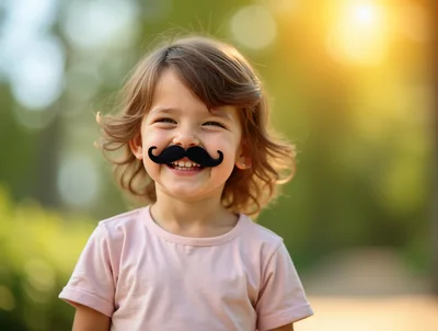 Happy Toddler Wearing A Fake Mustache Outdoors