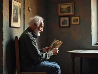 Elderly Man Looking At Old Photographs In Dim Room