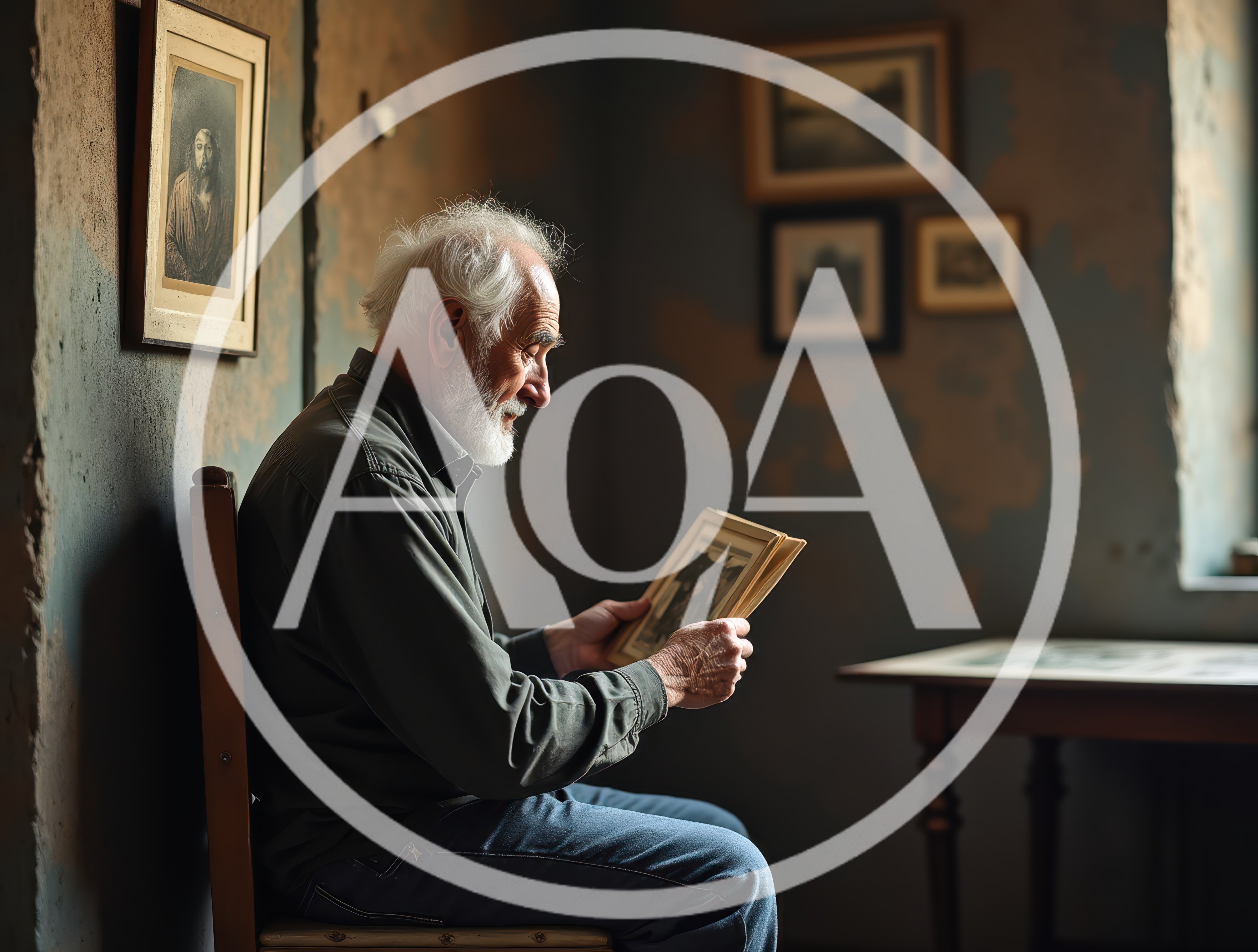 Elderly Man Looking At Old Photographs In Dim Room