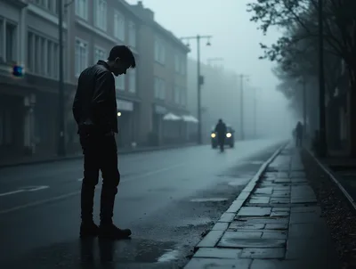 Sad Young Man Standing Alone On Foggy City Street