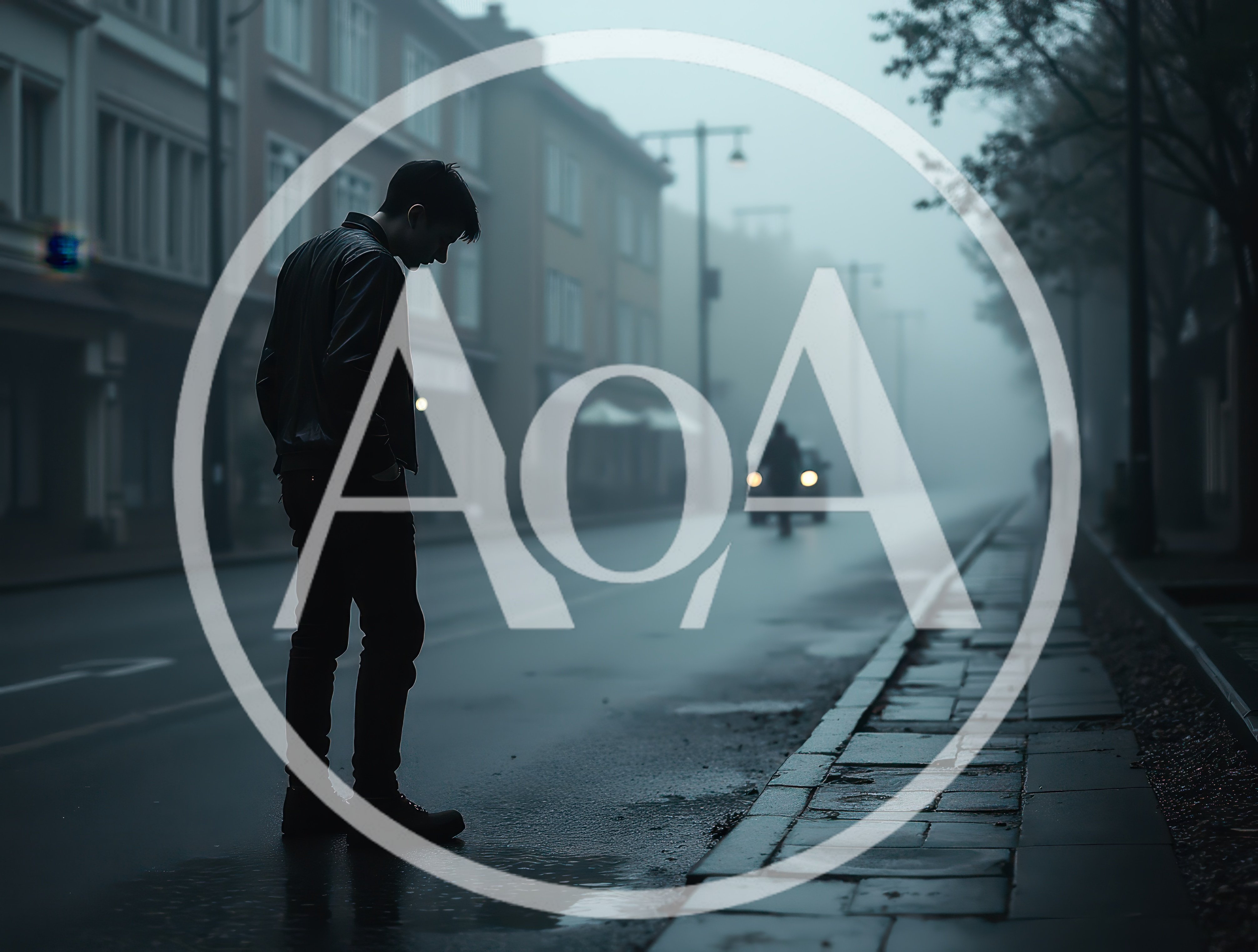 Sad Young Man Standing Alone On Foggy City Street