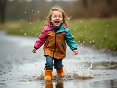 Happy Toddler Girl Splashing In A Muddy Puddle