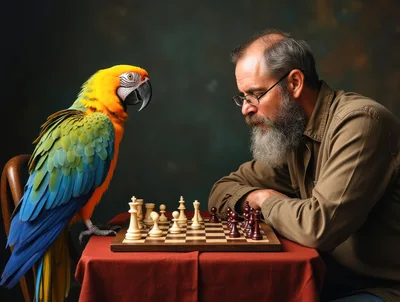 Bearded Man Playing Chess With A Colorful Macaw