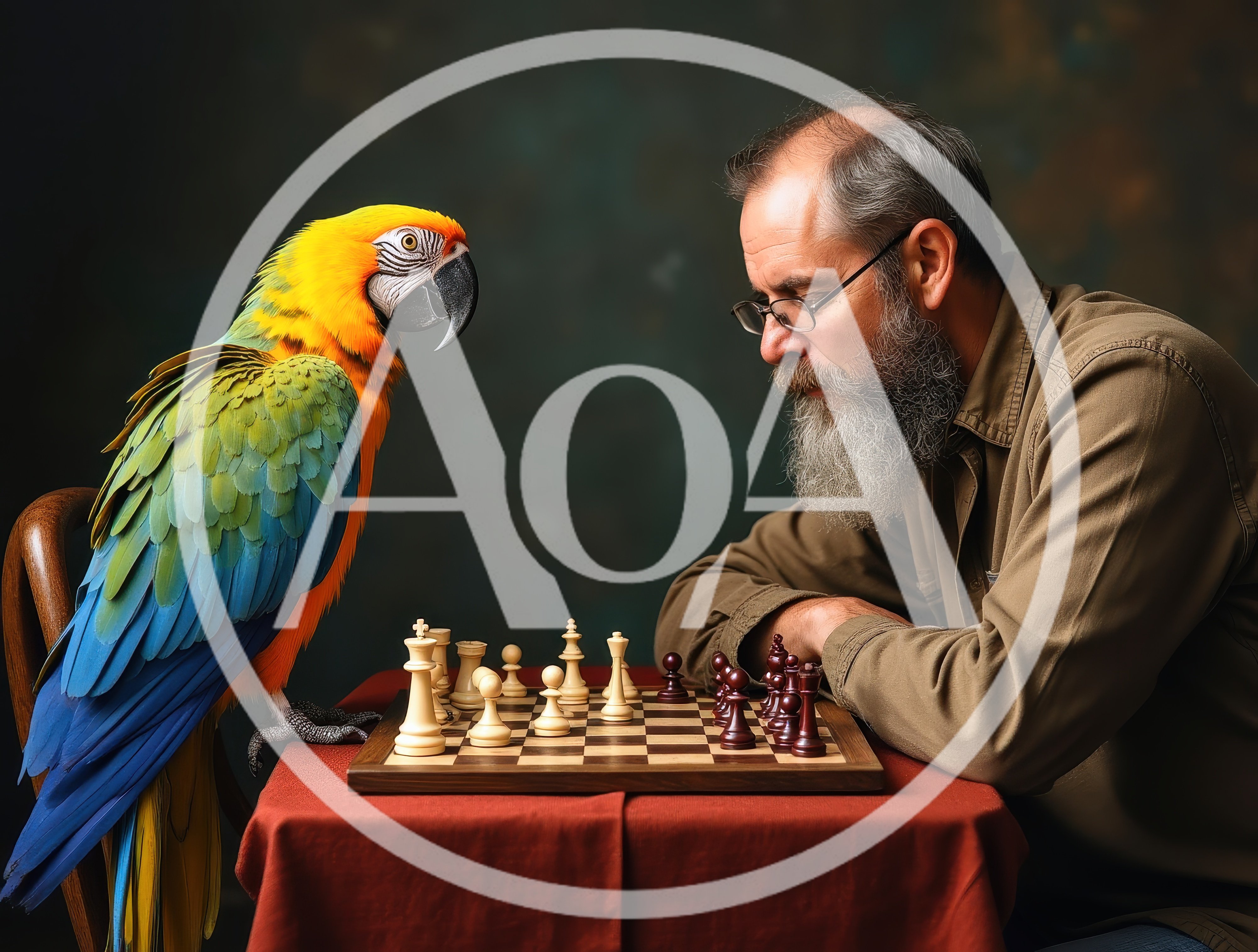 Bearded Man Playing Chess With A Colorful Macaw