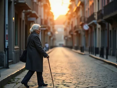 Elderly Woman Walking With Cane On Cobblestone Street