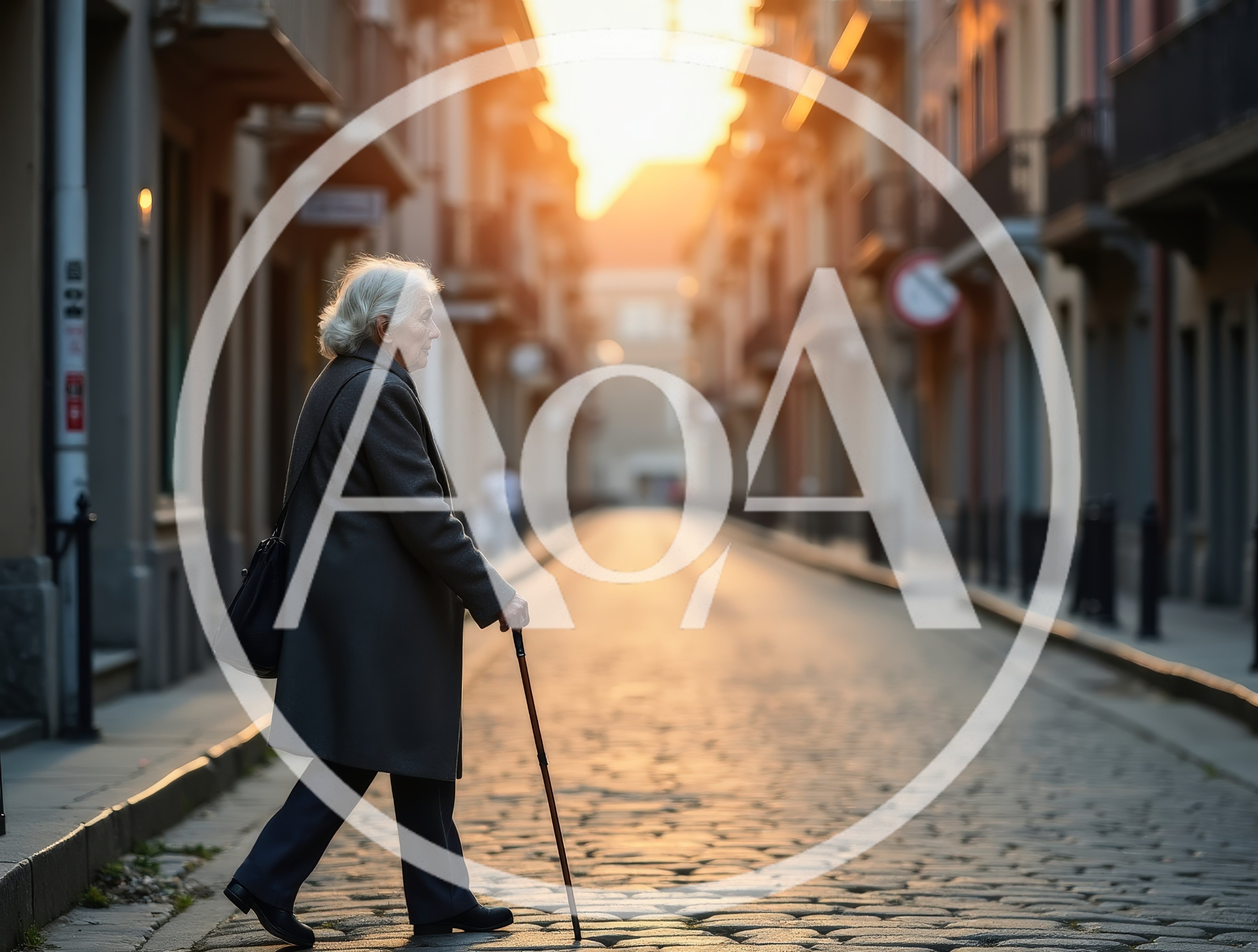 Elderly Woman Walking With Cane On Cobblestone Street