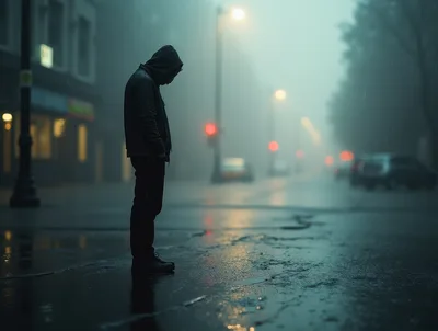 Solitary Hooded Figure Standing On A Rainy City Street