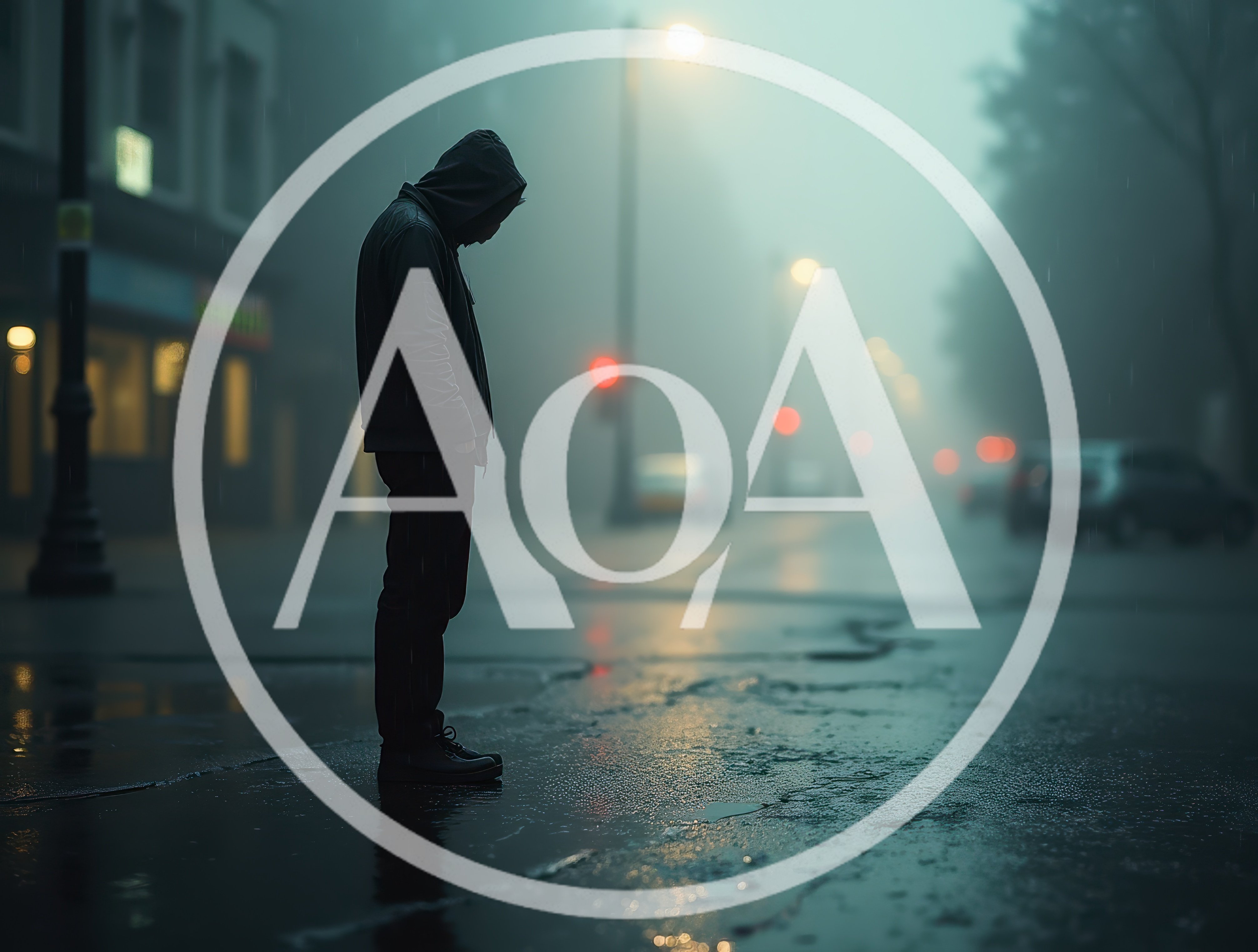 Solitary Hooded Figure Standing On A Rainy City Street
