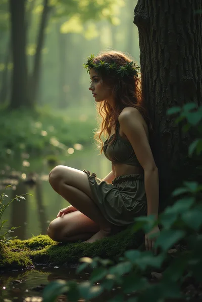 Ethereal Forest Nymph Crouching By A Woodland Stream
