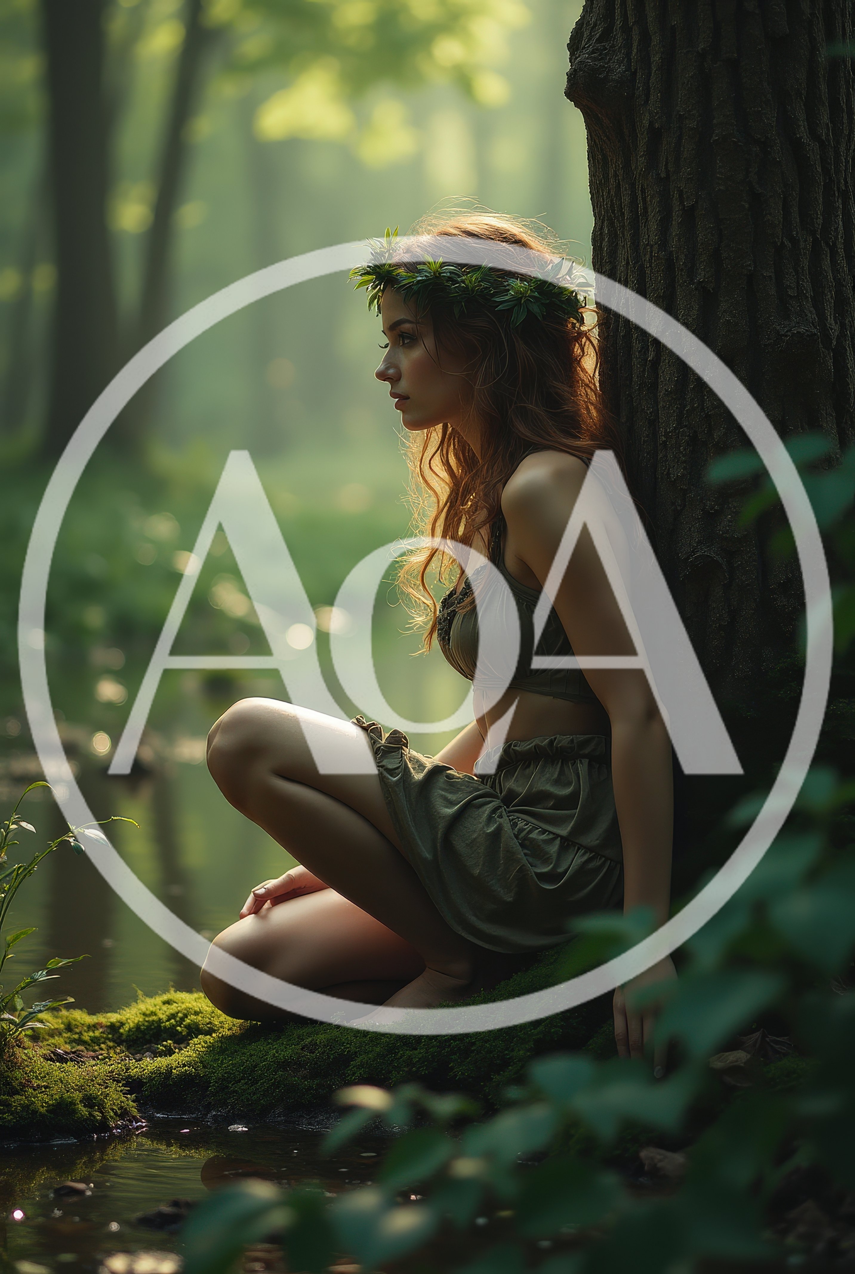 Ethereal Forest Nymph Crouching By A Woodland Stream