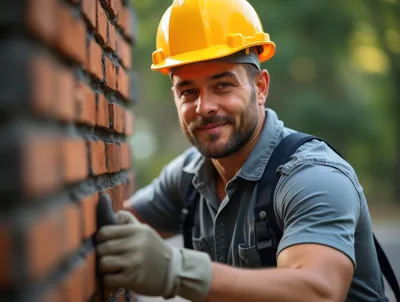 Smiling Construction Worker Inspecting A Brick Wall