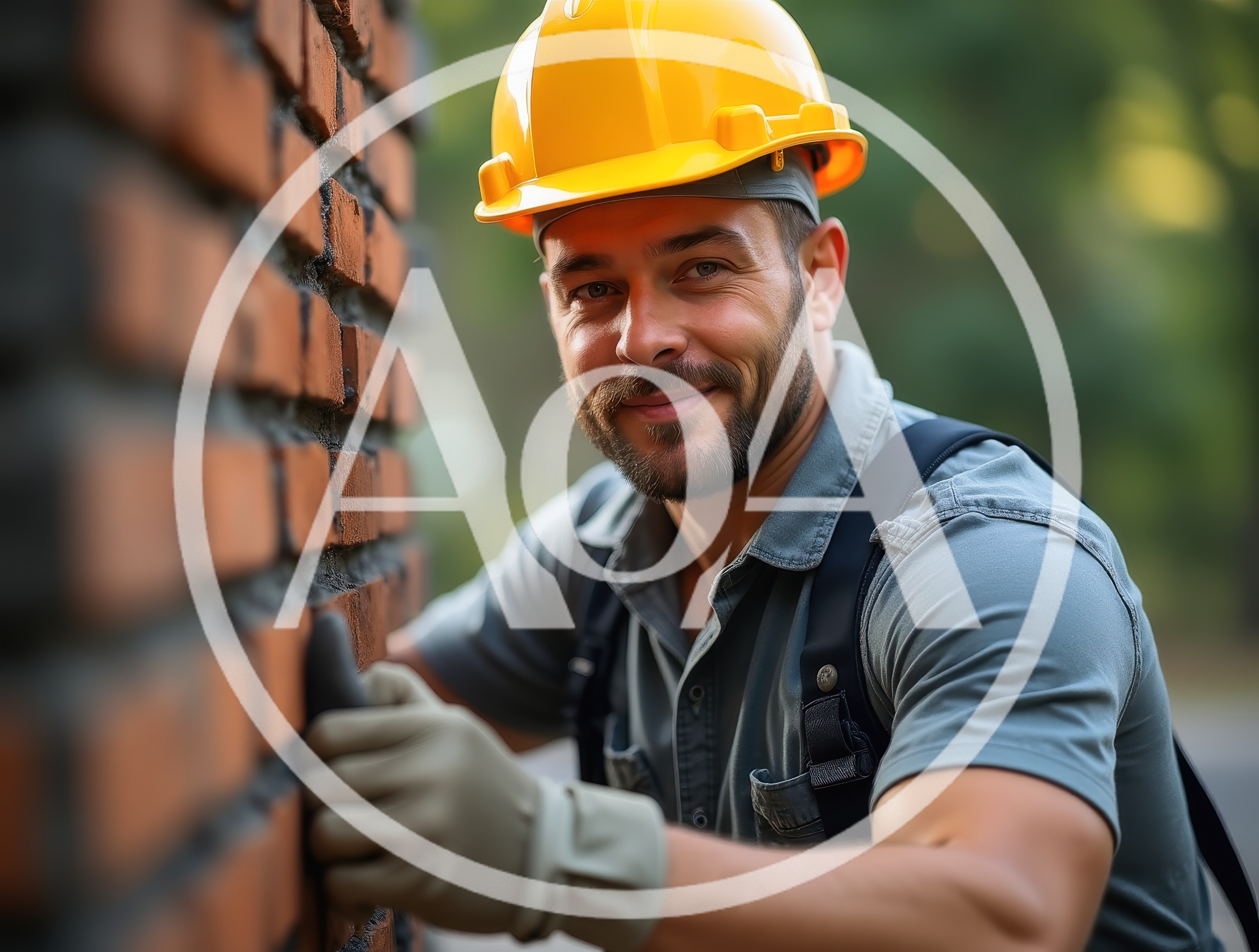 Smiling Construction Worker Inspecting A Brick Wall
