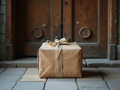 Gift Box Wrapped In Brown Paper On Porch