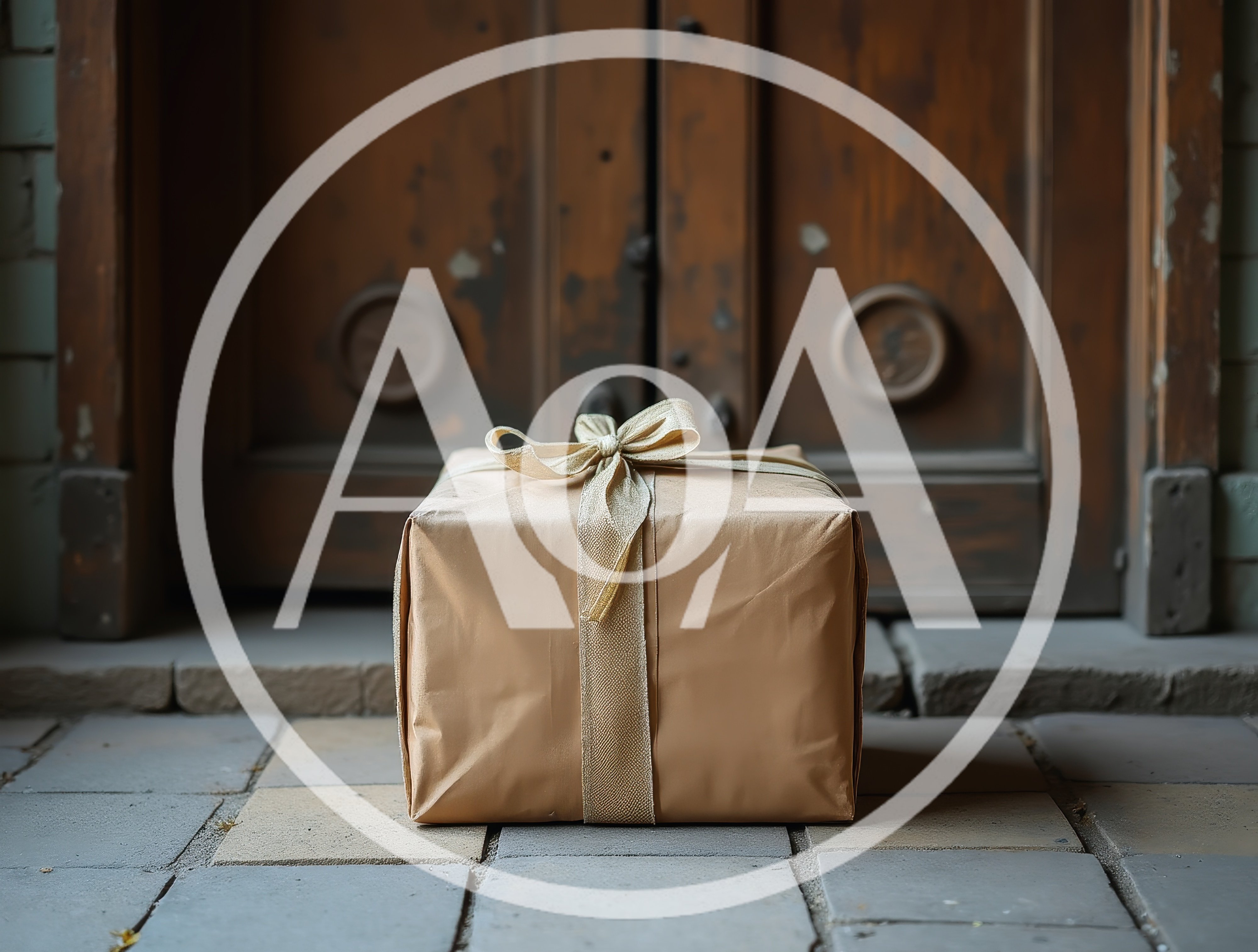 Gift Box Wrapped In Brown Paper On Porch